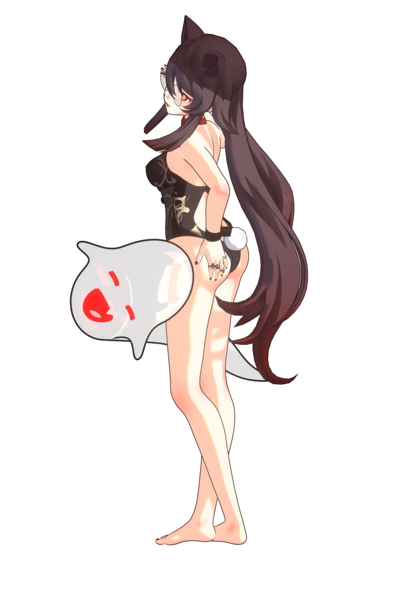 3d almost_naked ass back boo_tao_(genshin_impact) brown_hair bunny_tail bunnysuit cat_ears full_body genshin_impact ghost glasses hand_on_butt highres hu_tao_(genshin_impact) legs long_hair medium_breasts petite png posing red_eyes render round_glasses sansonnsfw smile standing transparent_background transparent_png twintails