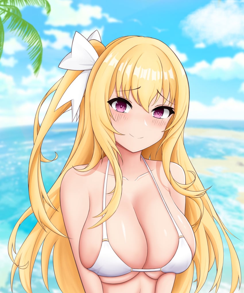 1girls 2d 2d_(artwork) beach big_breasts bikini blonde_hair breasts cleavage date_a_live date_a_live:_mayuri_judgement female female_only light-skinned_female long_hair looking_at_viewer mayuri_(date_a_live) revealing_clothes sea skindentation solo solo_female upper_body violet_eyes