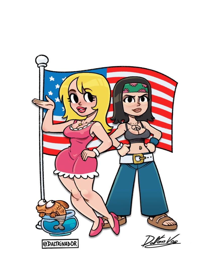 american_dad american_flag bare_shoulders black_hair blonde_hair breasts cleavage crop_top daltrinador dress fish fish_bowl francine_smith goldfish hands_on_hips hayley_smith headband headgear jeans klaus_heissler necklace pants red_lipstick short_dress short_hair smile tagme voluptuous wide_hips