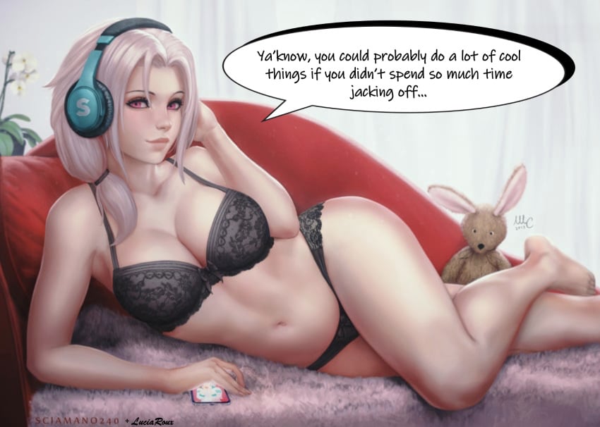 bra caption chloe_(sciamano240) mirco_cabbia panties reclining reclining_pose sciamano240 speech_bubble underwear