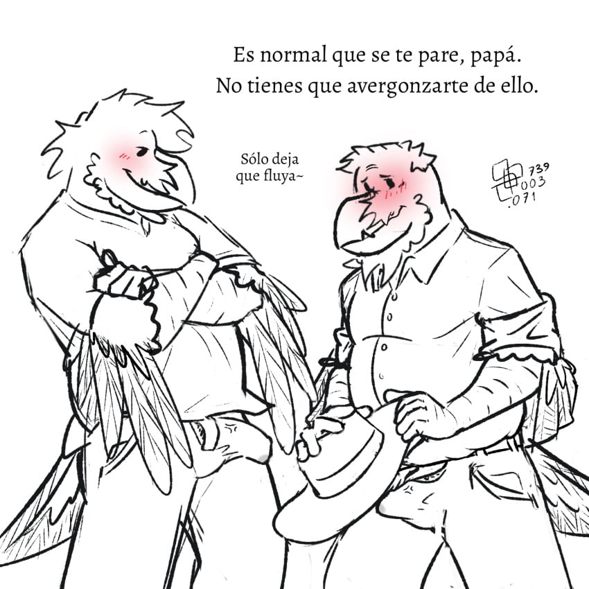 1:1 age_difference anthro avian beak beak_scar belly bird blush blush_lines bodily_fluids bottomwear cerdeorhys clothing corvid corvus_(genus) covering covering_crotch crossed_arms dot_eyes dress_shirt duo embarrassed erection father father_and_child father_and_son feather_beard feather_hair feathers genital_fluids gonzalo_(cerdeorhys) hat headgear headwear hernan_(cerdeorhys) hi_res incest looking_at_genitalia male male/male musclegut muscular nervous nervous_smile older_male oscine pants parent parent_and_child parent_and_son passerine precum pseudo_hair raven shirt simple_background slightly_chubby slightly_chubby_male smile smiling_at_viewer son spanish_text t-shirt text topwear vein white_background younger_male