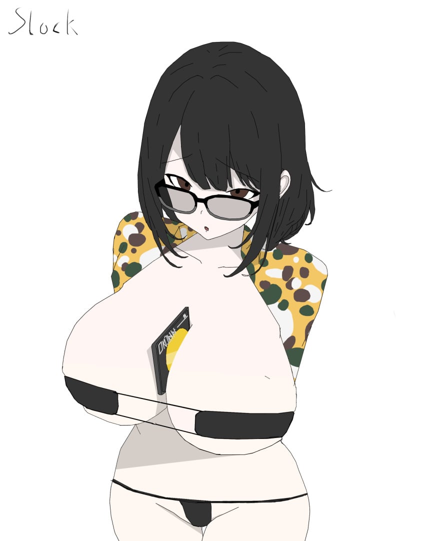 artist_upload big_breasts bikini black_bikini camouflage crop_top glasses hecate_(arena_breakout) micro_bikini posing short_hair slock softcore white_skin