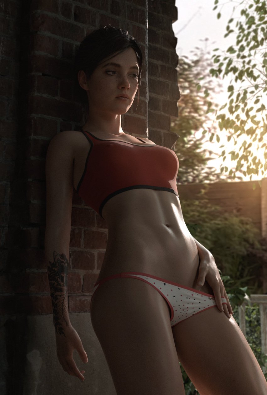 1girls 3d 3d_(artwork) 4k abs areolae athletic_female belly belly_button bra breasts breasts_out brown_hair casual ellie_(the_last_of_us) ellie_williams female female_focus female_only female_torso freckles hi_res human hydrafxx naughty_dog pale_skin panties panties_pull small_breasts solo solo_female solo_focus sports_bra tattoo the_last_of_us the_last_of_us_2 thong tied_hair