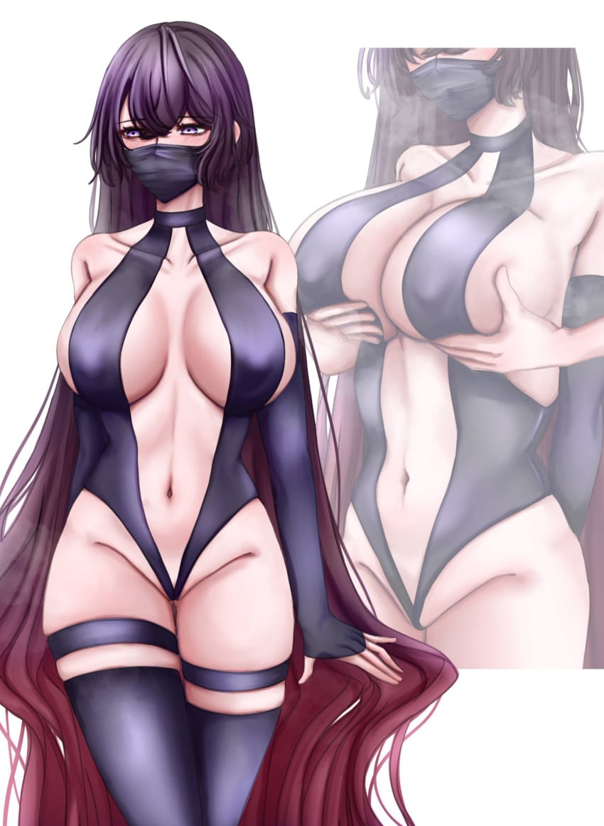 d4dj himegami_shano holding_breast huge_breasts komet_(artist) long_hair mask revealing_clothes thick_thighs