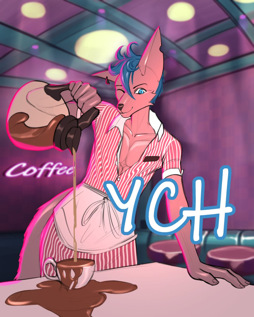 1boy 1girls 2024 abs blue_eyes breasts breasts clothed clothes coffee coffee_mug digital_media_(artwork) earrings femboy furry furry_only illustration latte looking_at_viewer maid maid_uniform male one_eye_closed scarlet_side sexy sfw shop smile striped_clothing stripes unbuttoned unbuttoned_shirt waiter ych