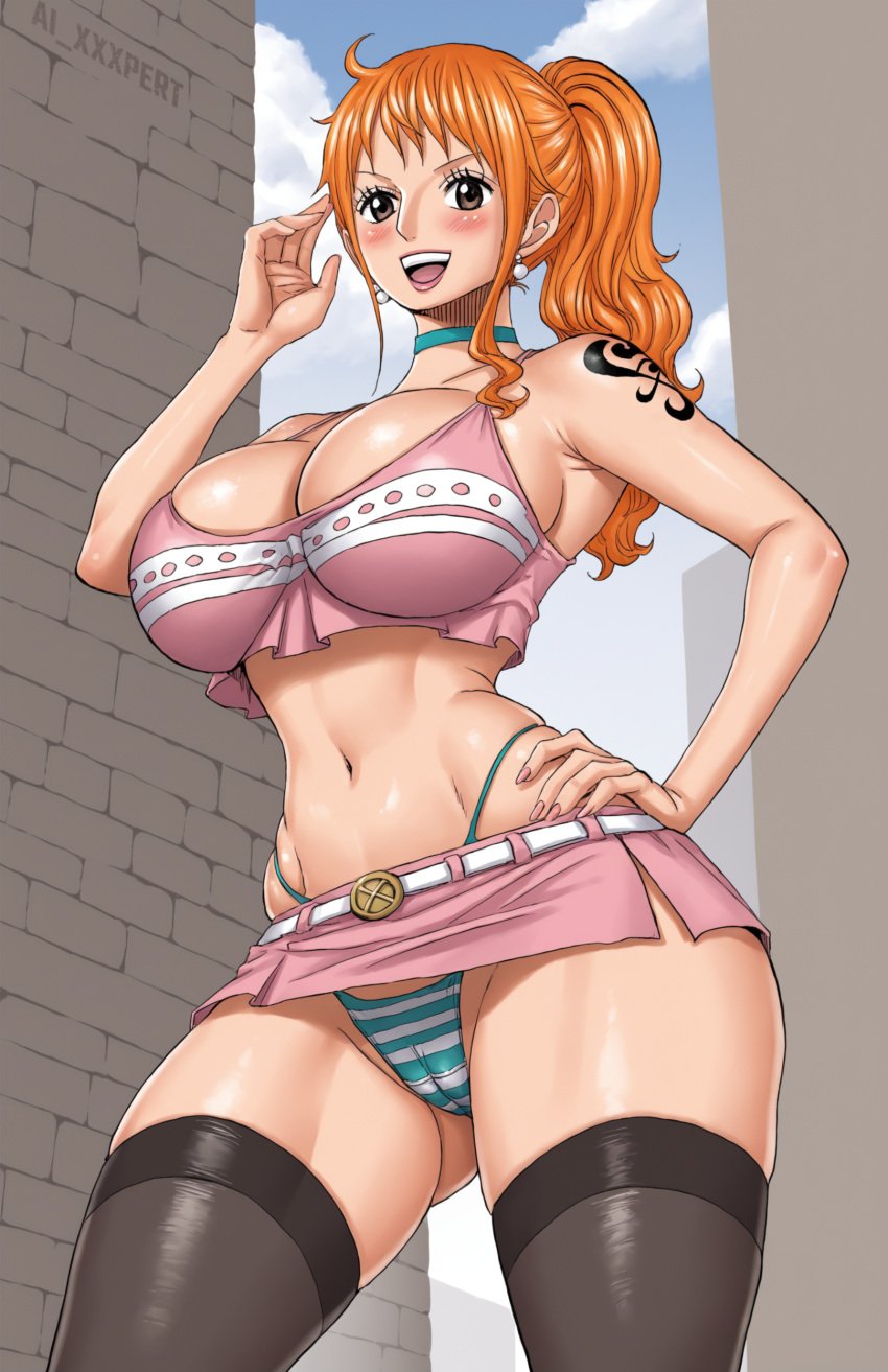 1girls ai_generated ai_xxxpert armpits big_breasts blush bow bow_panties breasts brown_eyes busty camel_toe cameltoe cleavage crop_top cute_girl eyelashes female female_only from_below groin hand_on_head hand_on_hip hands_on_own_hips high_ponytail hourglass_figure huge_breasts large_breasts lips lipstick long_hair long_socks miniskirt nail_polish nails nami_(one_piece) necklace one_piece orange_hair panties pantyshot pink_clothing pink_miniskirt pink_shirt ponytail pussy_visible_through_panties revealing_clothes sexy_armpits shirt side_ponytail skimpy skimpy_clothes skirt sleeveless sleeveless_shirt slim_waist smile smiling socks solo standing thick_thighs thighhighs thighs thong tight_clothing underwear upskirt viewed_from_below wide_hips