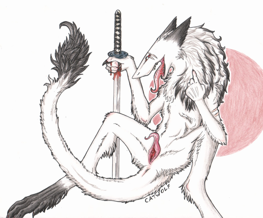 anthro blood blood_stain bloody_sword catwolf clitoris color female female_only fur furry furry_ears furry_tail nude open_mouth pointy_ears prehensile_clitoral_hood pussy red_blood scar sergal solo sword tail tongue tongue_out vulva weapon white_fur