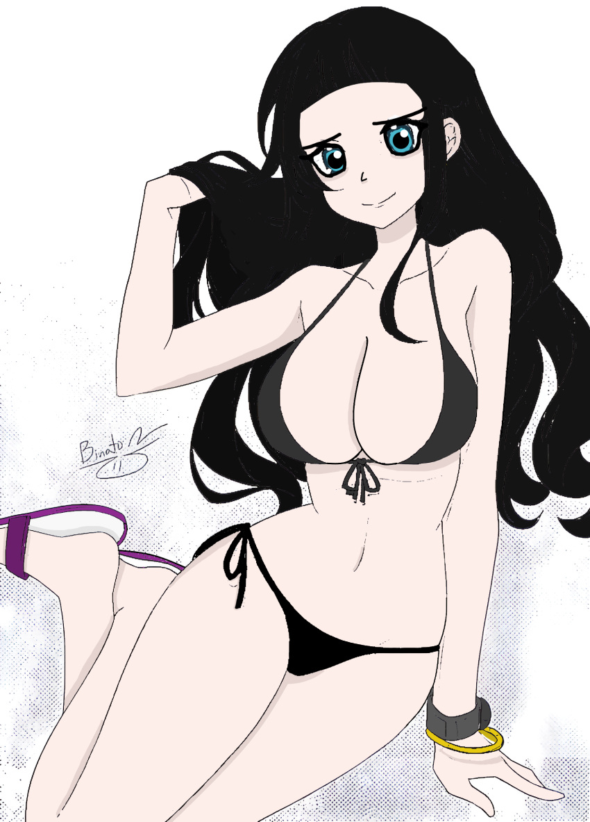 1girls bikini binatoae black_bikini black_hair blue_eyes bracelets breasts edit edited_by_uploader edited_image female female_only large_breasts long_hair looking_at_viewer midriff nico_robin one_piece sandals side-tie_bikini side-tie_swimsuit swimsuit