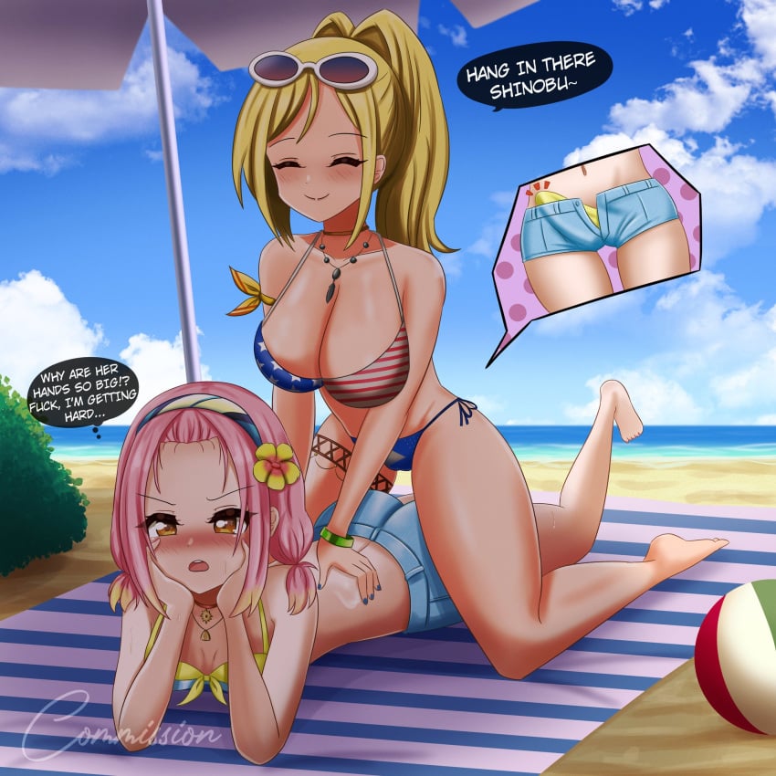 ass beach beach_ball big_breasts bikini blush commission d4dj danzfloor erect_penis erection futanari inuyose_shinobu sasago_jennifer_yuka small_breasts speech_bubble swimsuit text thought_bubble yuri