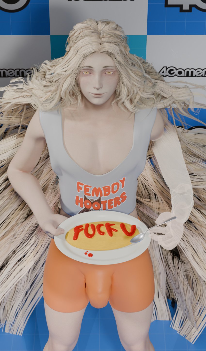 1boy 3d big_penis blonde_hair bulge bulge_through_clothing cleavage elden_ring erection femboy femboy_hooters femboy_only fromsoftware hooters ketchup miquella pancake purupurupurupuru shadow_of_the_erdtree slutty_outfit