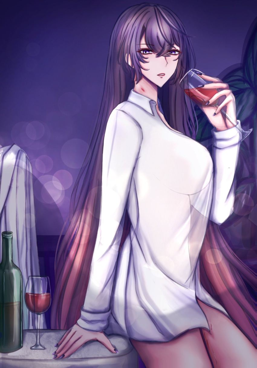 big_breasts bruise clothed d4dj himegami_shano komet_(artist) long_hair see-through sweat wine