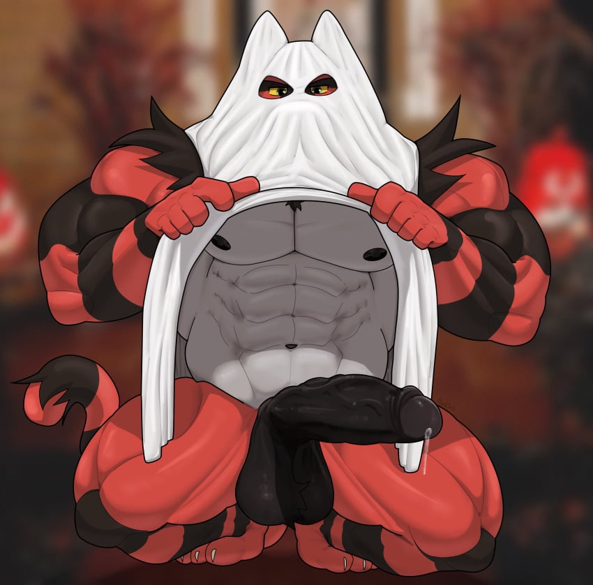 absurd_res anthro balls bedsheet_ghost big_balls big_muscles big_penis bodily_fluids crouching dripping erection felid feline fur generation_7_pokemon genital_fluids genitals ghost_costume hi_res huskero incineroar male mammal muscular muscular_anthro muscular_male nintendo penis pokemon pokemon_(species) precum precum_drip red_body red_fur solo yellow_eyes