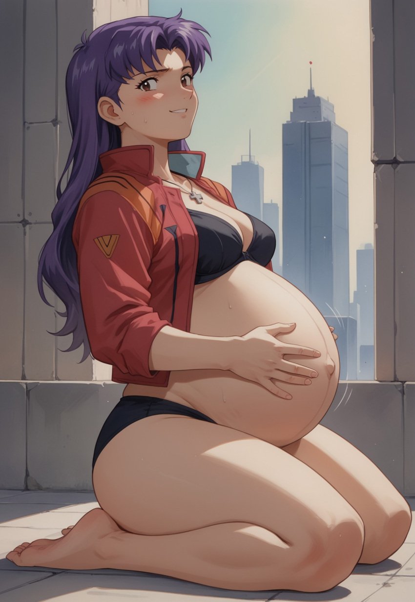 ai_generated big_belly big_breasts bra breasts lingerie misato_katsuragi neon_genesis_evangelion panties pregnancy pregnant pregnant_belly ready_to_pop red_jacket underwear