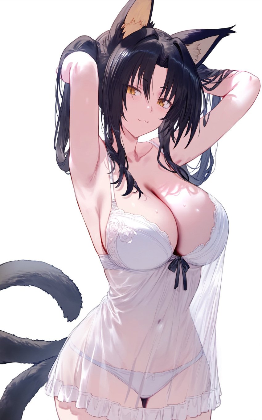 adjusting_hair ai_generated armpits arms_up ass_visible_through_thighs bare_arms bare_legs bare_thighs belly_button_visible_through_clothing big_breasts black_hair blush bra breasts cat_ears cat_tail catgirl cleavage closed_mouth collarbone high_school_dxd kuroka_(high_school_dxd) lace-trimmed_bra lace-trimmed_panties lingerie long_hair nightgown panties setsuaiart smile sweatdrop thighs underwear white_bra white_panties yellow_eyes