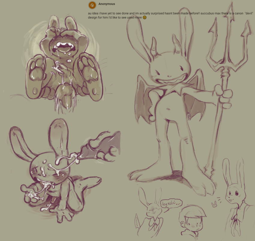 anal blush cum cum_in_mouth devil_costume feet imp knot lapine male male/male male_only max_(sam_and_max) paws rabbit sam_and_max sharp_teeth sketch_page sweat tiny_penis walnutgecko