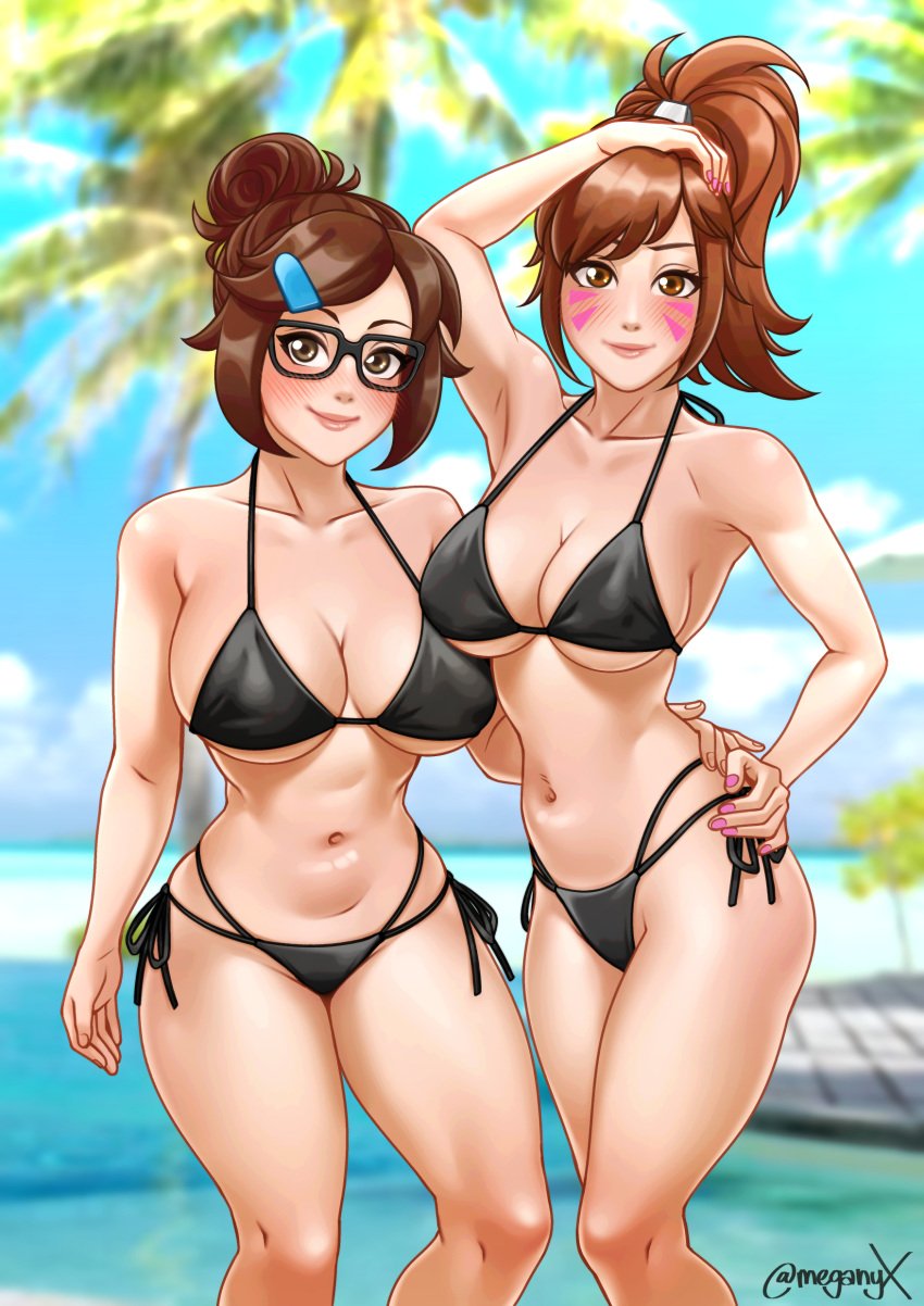 2d 2d_(artwork) 2d_artwork 2girls activision alternate_version_available big_breasts bikini bikini_bottom bikini_top black_bikini blizzard_entertainment blush breasts brown_eyes brown_hair cleavage d.va drawn eyewear female female_only fingernails glasses hair hand_on_hip huge_breasts lips meganyx mei_(overwatch) nail_polish overwatch pink_nails ponytail swimsuit swimwear