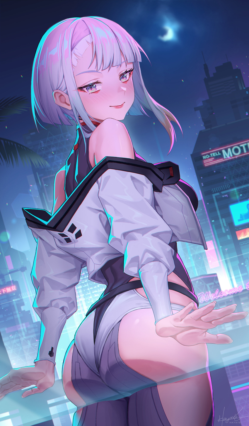 1girls anime_style ass ass_focus big_ass butt butt_focus cd_projekt_red cute cyberpunk:_edgerunners cyberpunk_2077 female female_only glass glass_table leaf98k looking_at_viewer looking_down looking_down_at_viewer lucyna_kushinada netflix studio studio_trigger trigger