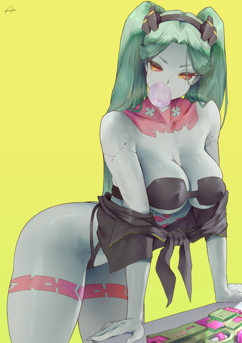 1girls alternate_breast_size araneesama artist_signature blowing_bubblegum breasts cd_projekt_red clothed cutesexyrobutts_(style) cyberpunk:_edgerunners cyberpunk_2077 female green_hair hi_res hips large_breasts leaning_forward rebecca_(edgerunners) red_eyes simple_background slim_waist studio_trigger tattoo thick_thighs thighs twintails wide_hips