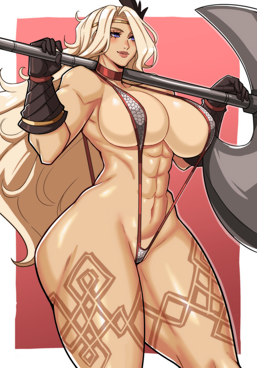 1girls abs alecto_0 amazon_(dragon's_crown) axe big_breasts bikini_armor blonde_hair blue_eyes dragon's_crown enormous_breasts female female_only gloves huge_breasts light-skinned_female light_skin long_hair massive_breasts muscles muscular muscular_female sling_bikini smile solo thick_thighs very_high_resolution weapon weapon_on_shoulder