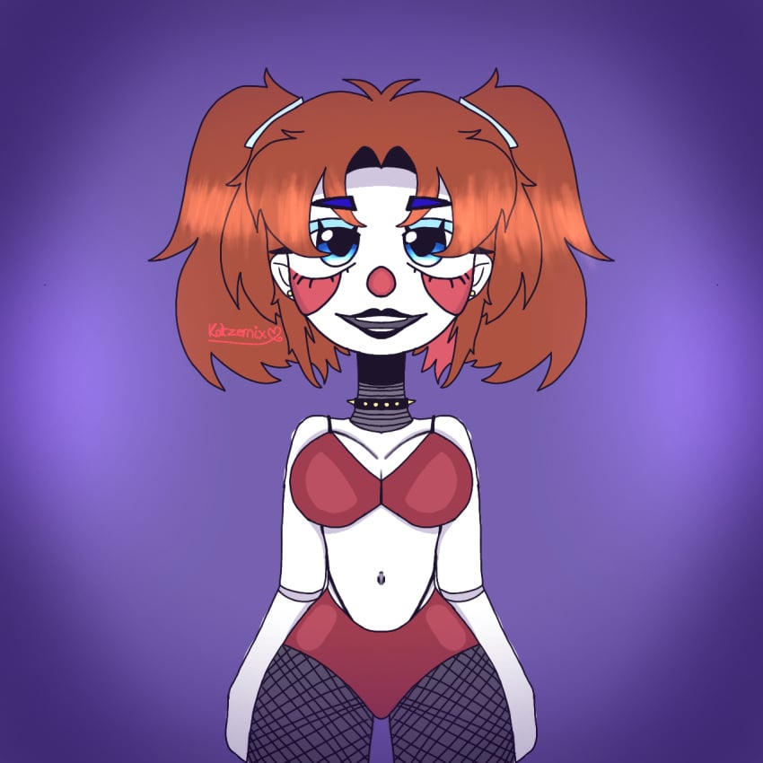 big_breasts bikini blue_eyes breasts clown clown_girl eleanor_(fnaf) evil_grin fazbear_frights fishnets five_nights_at_freddy's fnaf katzernix orange_hair red_hair robot_girl white_skin