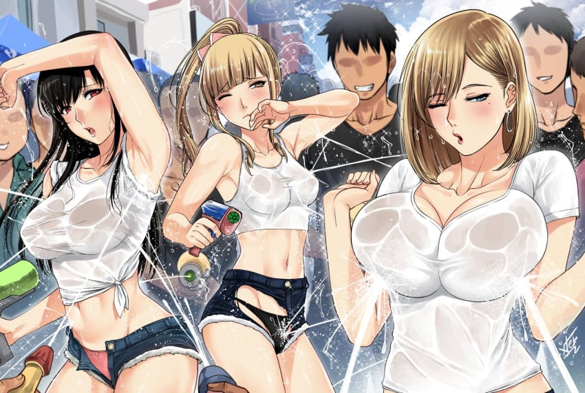 1futa 2019 2girls 6+boys big_breasts breasts bulge clothed clothing crowd female fully_clothed futanari human light-skinned_female light-skinned_futanari light_skin long_hair male nut-chan original penis penis_in_panties public see-through short_shorts shorts standing water water_gun wet wet_clothes xtermination