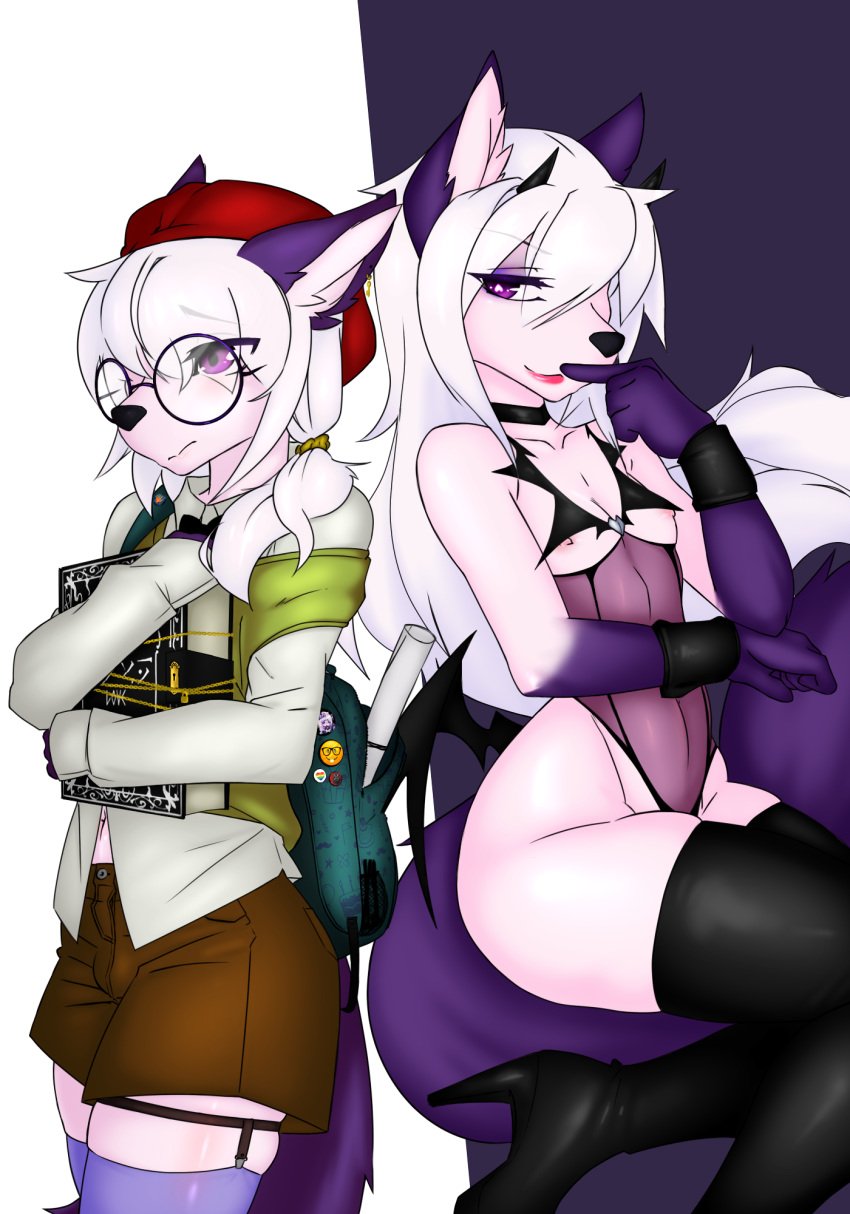 anthro arctic_fox canid canine demon duo eyewear fox fur girly glasses greedmasterh hi_res horn male male/male mammal necronomicon nerd pink_body pink_fur reflection solo succubus