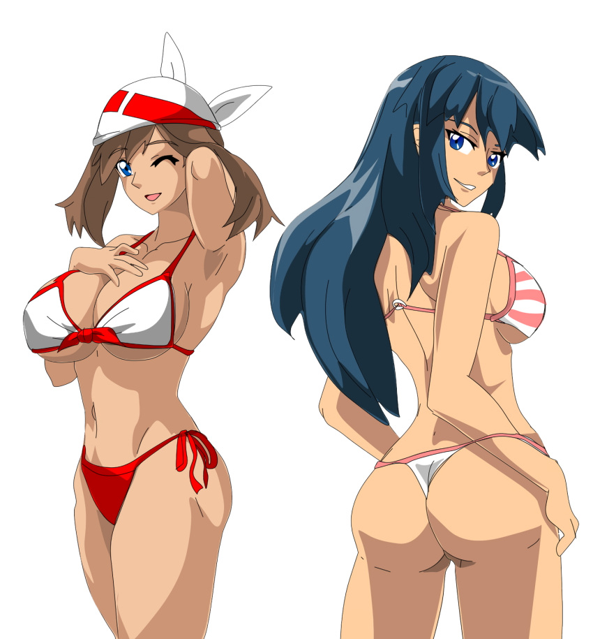 2girls alluring bikini blue_eyes blue_hair brown_hair dawn_(pokemon) fallere825 female female_only may_(pokemon) may_(pokemon_emerald) pokemon pokemon_(anime) pokemon_dppt pokemon_rse posing white_background