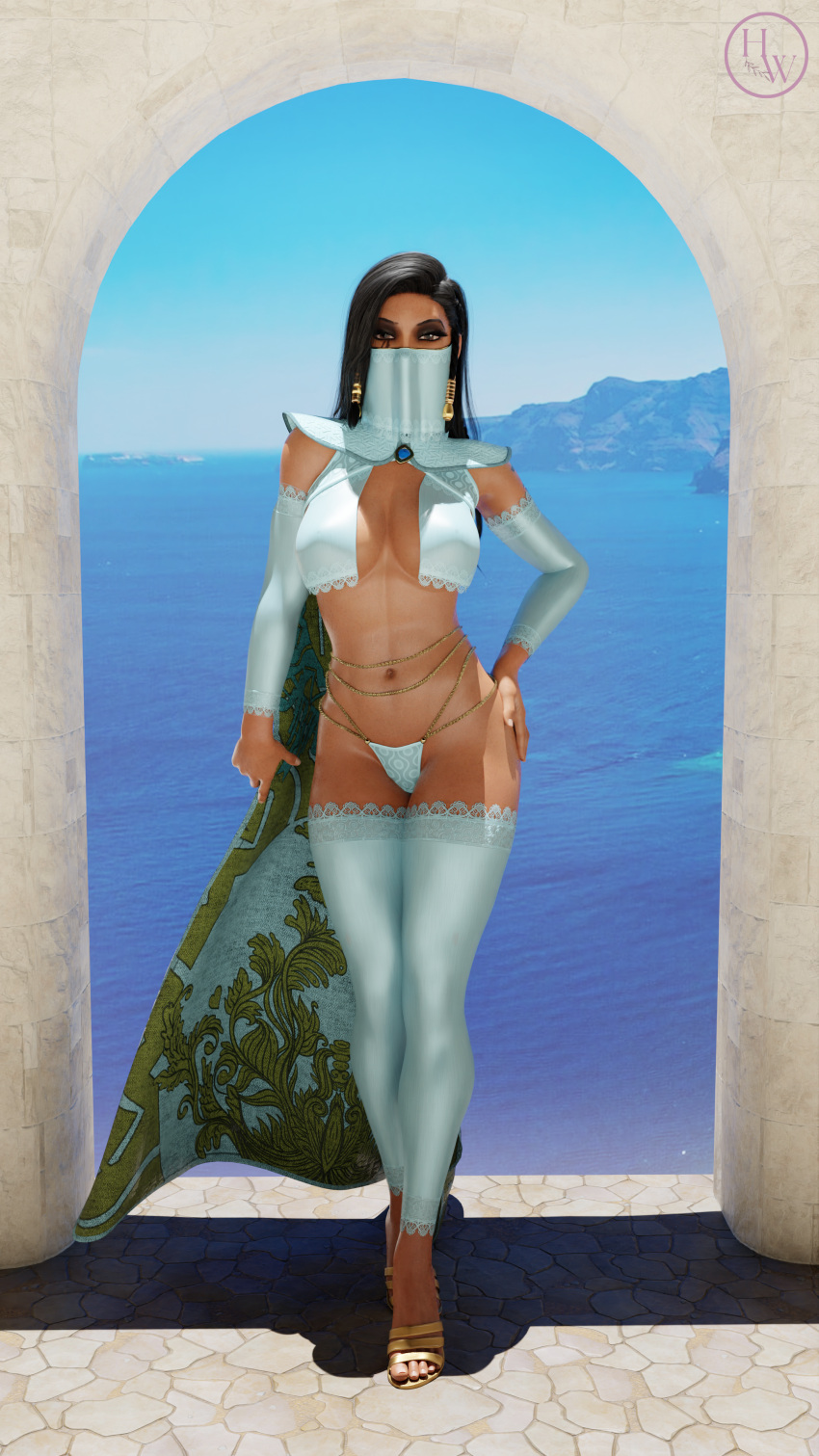 1girls 3d belly_dancer belly_dancer_outfit big_breasts dark_hair egyptian empress harem_girl harem_outfit hornywitches3d long_hair overwatch pharah tan_skin veil