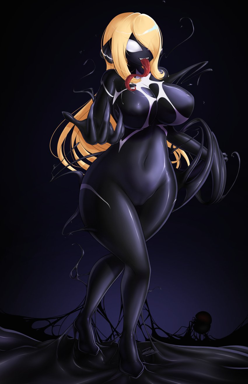 2022 blonde_hair breasts claws corruption cynthia_(pokemon) heeled_feet inou_(artist) long_hair long_tongue marvel nintendo pokemon pokemon_dppt sharp_teeth symbiote tentacle tongue vagina venom