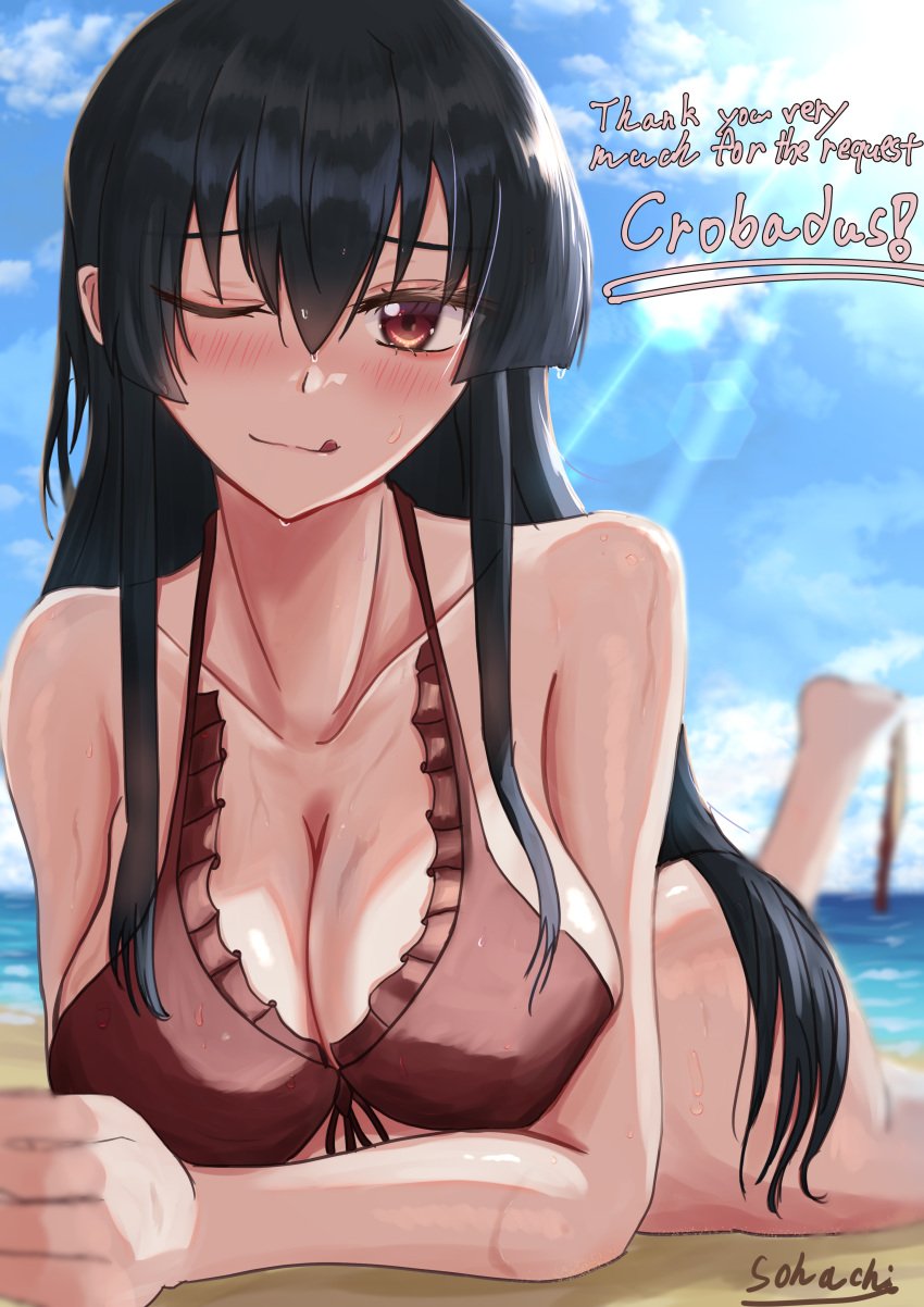 1girls akame_(akame_ga_kill!) akame_ga_kill! alluring ass beach bikini black_hair bottomless bottomless_female cleavage day female light-skinned light-skinned_female looking_at_viewer naked_from_the_waist_down red_eyes sohachi teasing wink