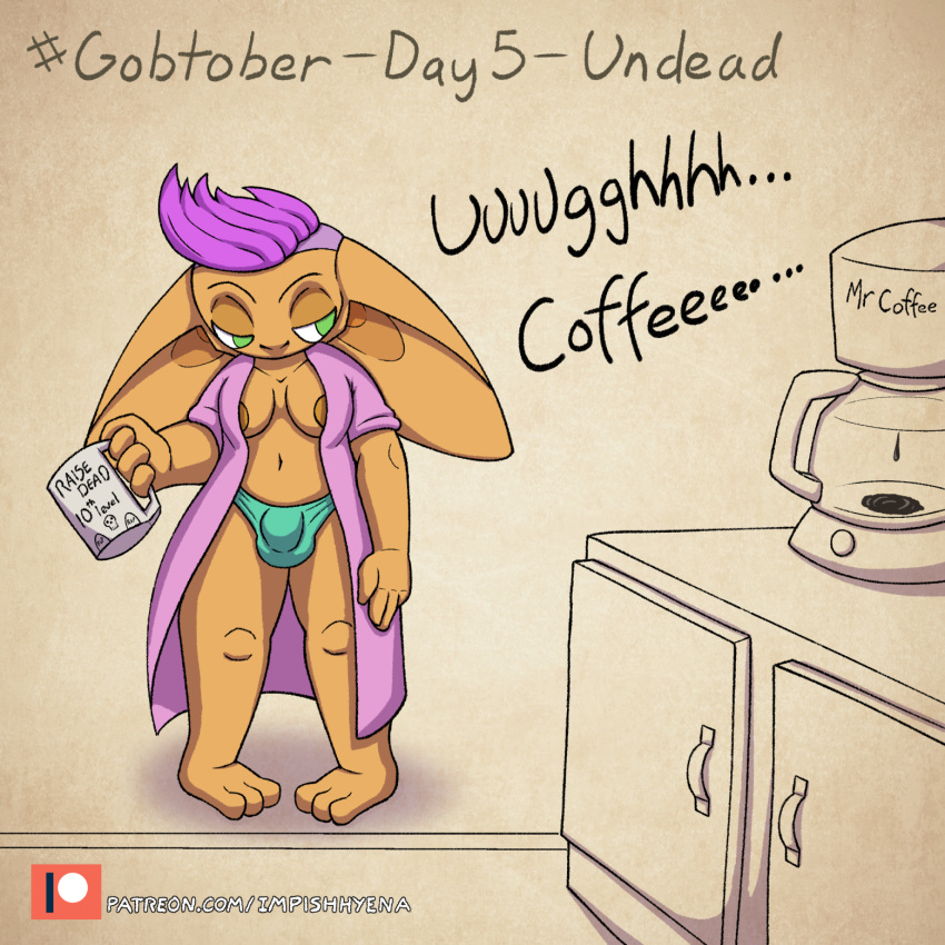 appliance bathrobe beverage big_ears breasts bulge buzz_cut clothed clothing coffee coffee_maker coffee_mug dark_eyelids dialogue dickgirl elbow_gloves english_text exposed_breasts eyelids flaccid futanari genitals goblin gobtober gobtober_2022 green_eyes groan groaning gynomorph hair hi_res humanoid impishhyena intersex kitchen kitchen_appliance morning navel nipple_slip orange_body panties panty_bulge penis purple_hair robe short_hair short_stack shortstack side_boob solo standing text thick_thighs tired underwear wide_hips