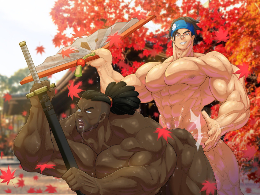 anal anal_sex anji_mito balls bara black_hair dark-skinned_male dark_skin facial_hair fan gay glasses guilty_gear headband looking_pleasured male male_only muscles muscular nagare nagoriyuki paper_fan penis sex slapping_butt sweaty sword tongue_out