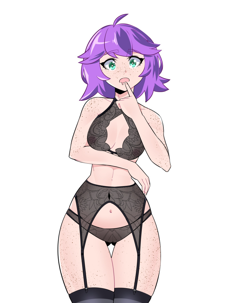 aroused_face aroused_smile belly belly_button big_ass big_butt black_bra black_lingerie black_panties black_pantyhose black_stockings boob_window drooling female freckles green_eyes human_female innocent lingerie messy_hair naive original_character pale-skinned_female pale_skin plum_mirabelle pokemon purple_hair short_hair shortstack staring staring_at_viewer thick_ass thick_thighs thin_waist tiny_breasts