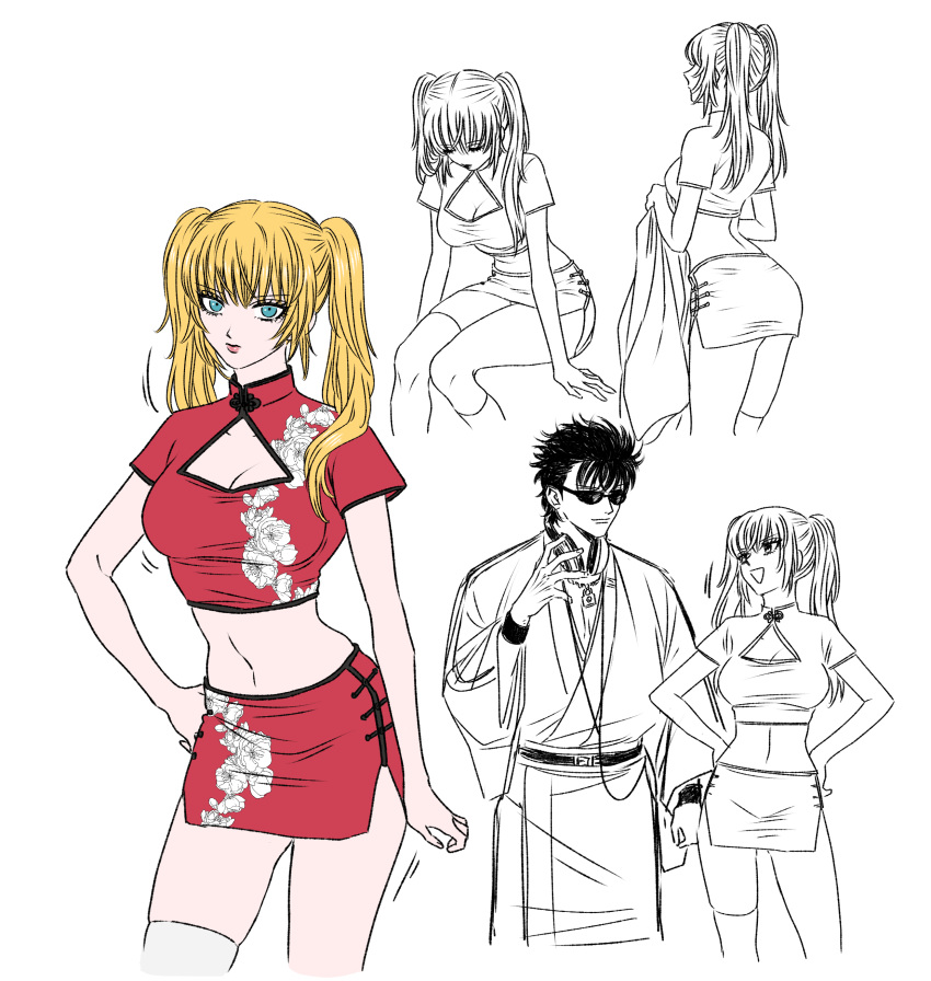 1boy 1girls alternate_costume blonde_hair blue_eyes chi_c_lov chinese_clothes cleavage cleavage_cutout crop_top female female_focus gintama hand_on_hip kawakami_bansai kijima_matako long_hair looking_at_viewer male medium_breasts miniskirt multiple_views solo_focus thighhighs twintails white_thighhighs zettai_ryouiki