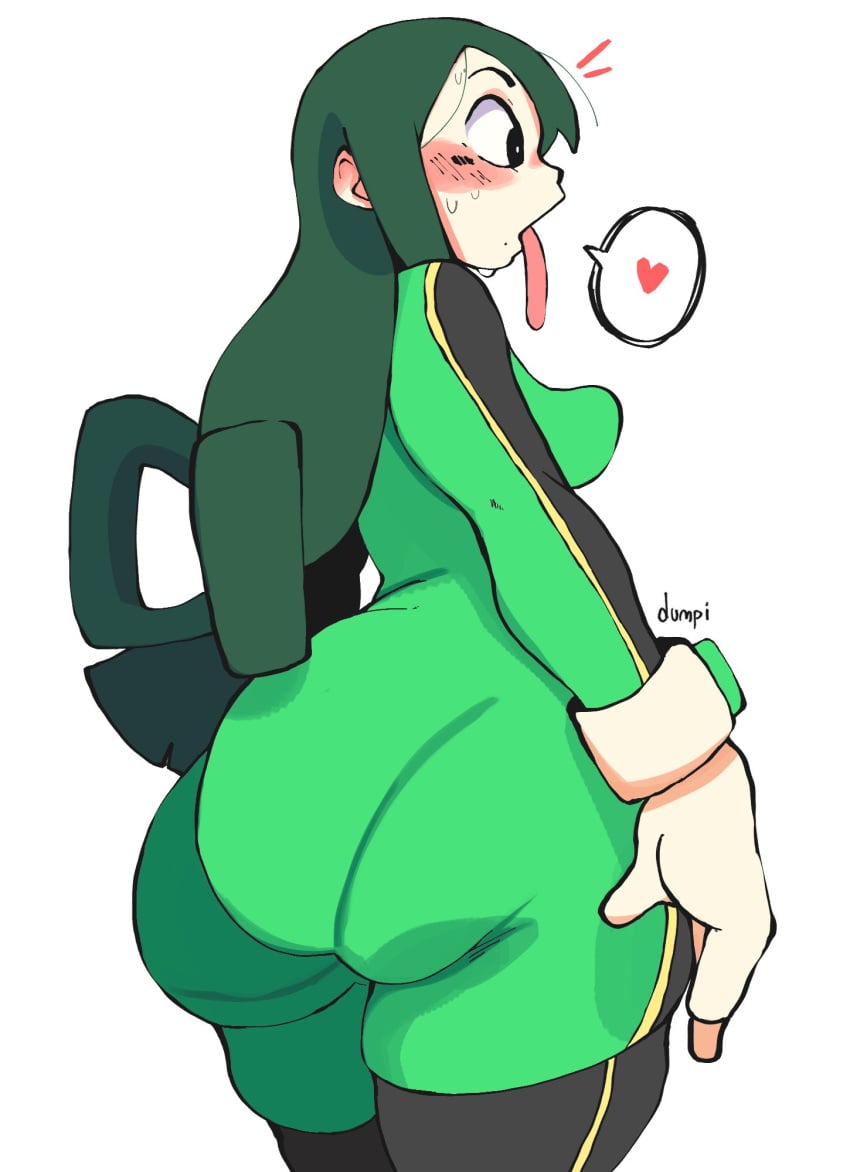 1girls ass ass_grab big_ass blush bottom_heavy breasts bubble_butt clothed clothing dumpiwumpi_(artist) female green_hair heart hero_outfit_(mha) hi_res long_hair my_hero_academia pantylines solo sweat thick_thighs tongue tongue_out tsuyu_asui