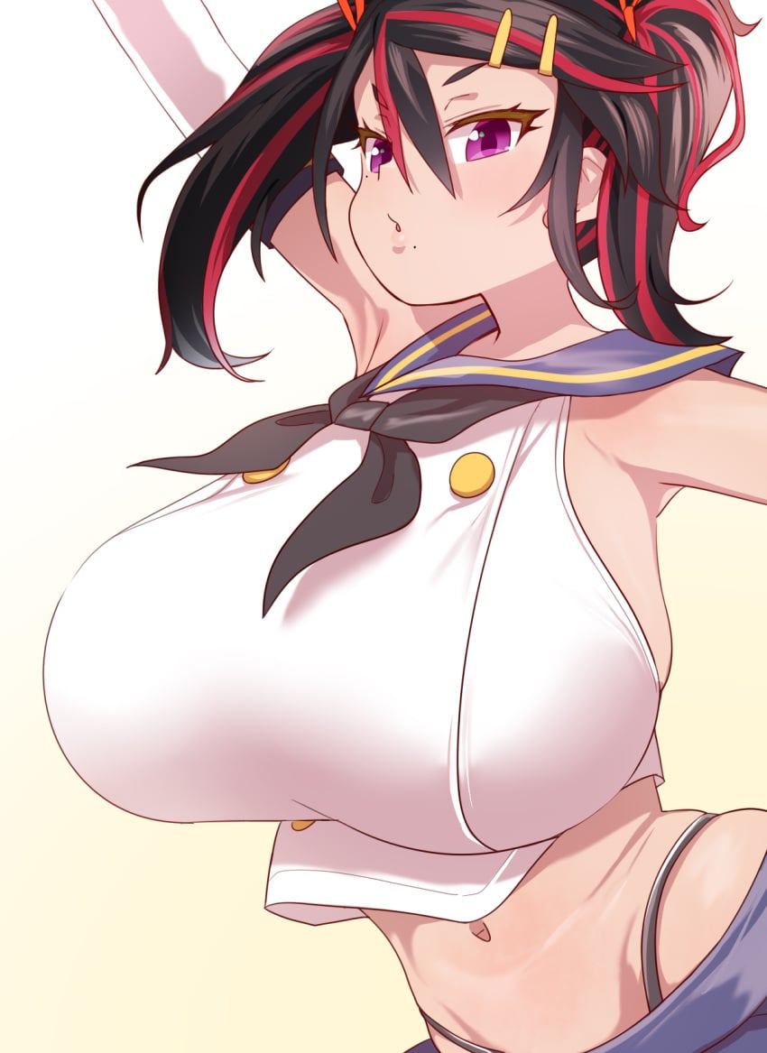 absurdres ariduka_formica arm_up bangs black_hair black_panties blouse blue_neckerchief breasts cosplay crop_top curvy elbow_gloves female formica_kawaii gloves hair_ornament hair_ribbon hairclip highleg highleg_panties highres huge_breasts kantai_collection large_breasts looking_at_viewer looking_down medium_hair miniskirt mole mole_under_mouth multicolored_hair navel neckerchief panties parted_lips pleated_skirt purple_eyes red_hair ribbon sailor_collar school_uniform serafuku shimakaze_(kantai_collection) shimakaze_(kantai_collection)_(cosplay) shirt short_twintails shortstack simple_background skirt solo twintails underwear virtual_ant_channel virtual_youtuber white_gloves white_serafuku white_shirt