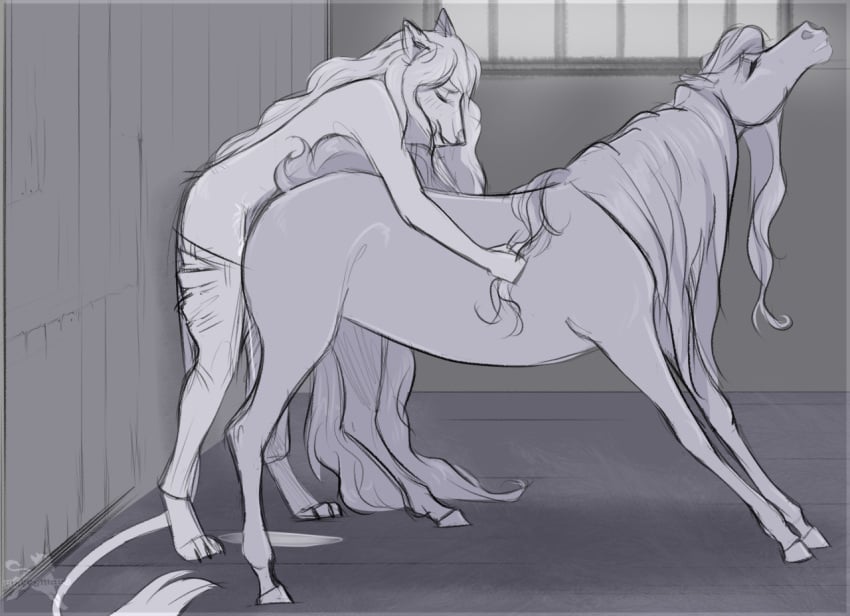 anthro ariel_(fluffymare) bodily_fluids bottomwear canid canine clothing cum cum_on_ground denim denim_clothing duo equid equine female feral fluffymare fox genital_fluids hair hooves horse jeans looking_pleasured male male/female mammal mane pants paws pinned pinned_to_wall zoophilia