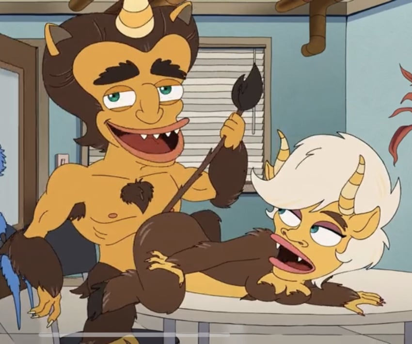 1boy 1girls armpit_hair big_mouth_(universe) brown_fur brown_hair chest_hair duo fangs fur furry gavin_(big_mouth) grabbing_tail hair hooves hormone_monster hormone_monstress horn horns human_resources_(netflix) male/female mona_(big_mouth) monster monster_boy monster_girl netflix on_table open_mouth orange_body orange_skin pointed_ears pointy_ears production_studio_for_tv_series screencap screenshot sex table tail tail_grab white_hair yellow_body yellow_skin