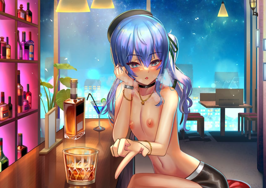 1girls alcoholic_drink bar belly_button blue_eyes blue_hair collar eyebrows_visible_through_hair female flat_chest heart-shaped_pupils highres hololive hololive_gen_0 hololive_japan hoshimachi_suisei jagoo_(artist) light-skinned_female night nipples pov skinny topless virtual_youtuber visible_breath