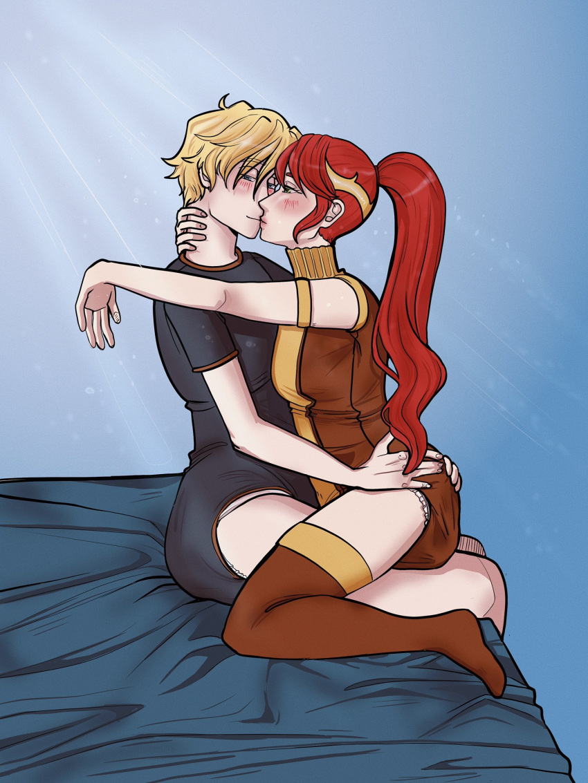 1boy 1boy1girl 1girls abdl bangs blonde_hair blue_eyes blush diaper diaper_fetish diaper_under_clothing diapered_lovers gently_hugging green_eyes high_ponytail jaune_arc long_hair omupurr onesie ponytail pyrrha_nikos red_hair rwby shiny_hair shiny_skin sidelocks sitting_on_bed sitting_on_lap wholesome