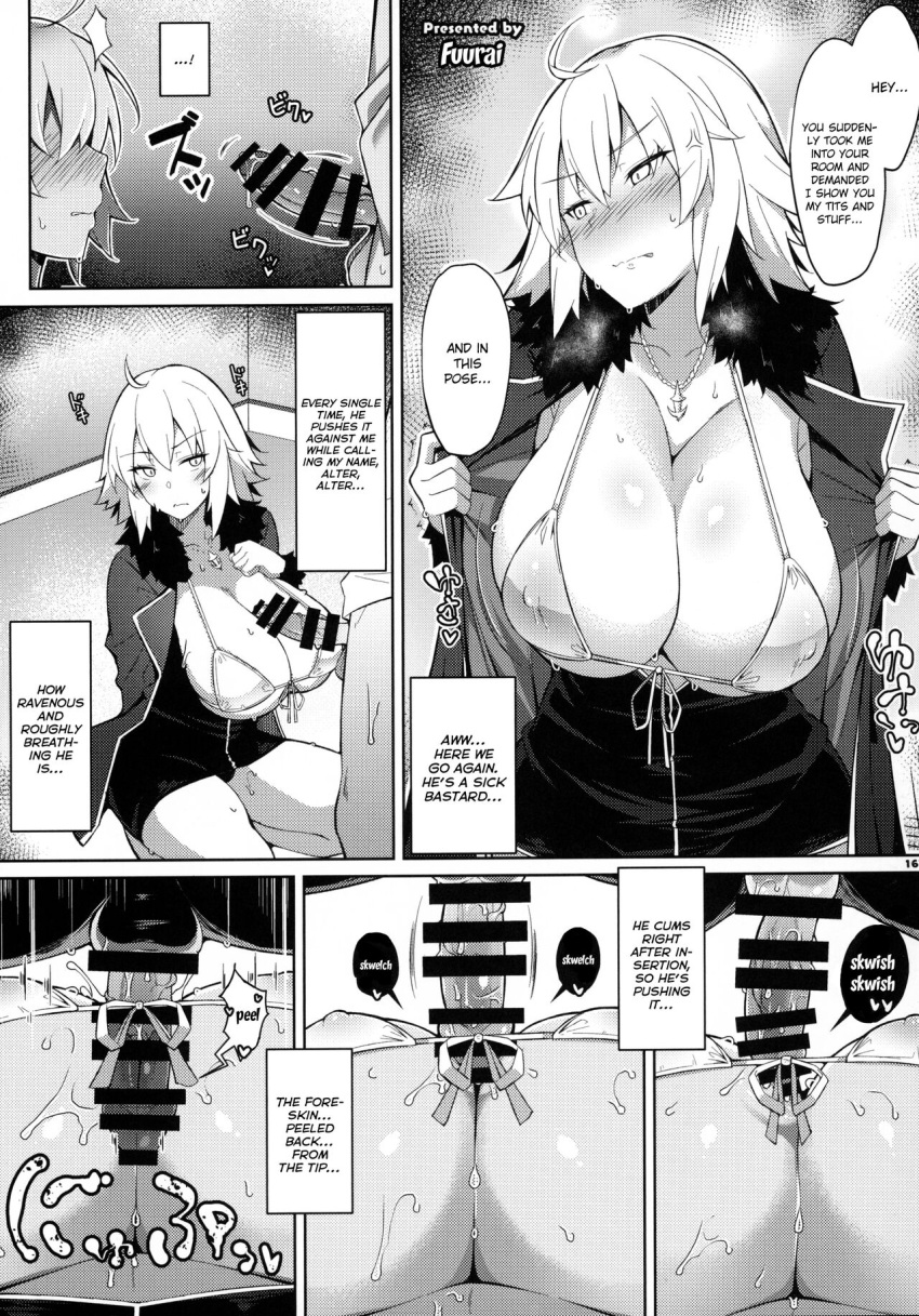 1boy 1girls big_breasts bikini_top bikini_under_clothes boobs censor_bar coat ejaculation_while_penetrated embarrassed english_text fate_(series) female fuurai_(resuty) japanese_text jeanne_alter jeanne_alter_(swimsuit_berserker) monochrome page_163 paizuri paizuri_under_clothes precum sweat sweaty_breasts titfuck titfuck_under_clothes