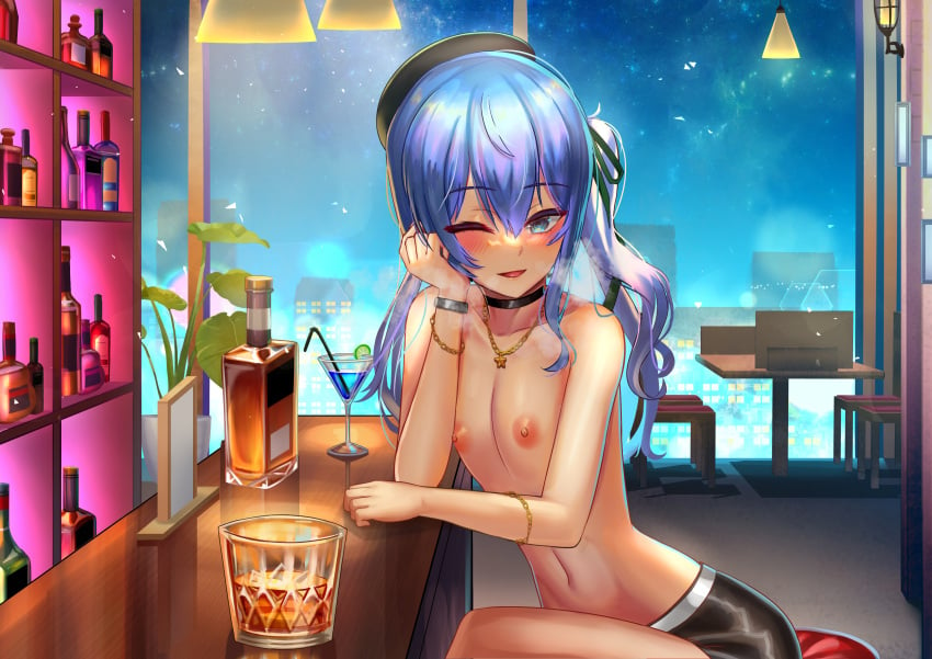 1girls alcoholic_drink bar belly_button blue_eyes blue_hair collar eyebrows_visible_through_hair female flat_chest highres hololive hololive_gen_0 hololive_japan hoshimachi_suisei jagoo_(artist) light-skinned_female night nipples pov skinny topless virtual_youtuber visible_breath wink