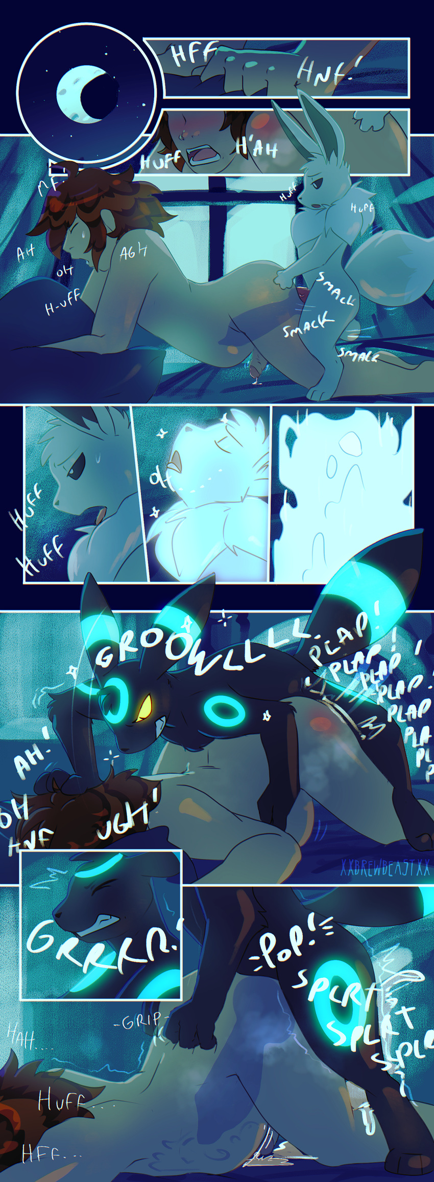 absurd_res anal anal_sex anthro anthro_penetrating anthro_penetrating_human bodily_fluids comic cum doggy_style duo eevee eeveelution evolution from_behind_position generation_1_pokemon generation_2_pokemon genital_fluids glowing glowing_eyes growth hi_res human human_on_anthro human_penetrated inflation interspecies knot male male/male mammal nintendo penetration pokemon pokemon_(species) pokephilia sex size_difference small_dom_big_sub stomach_bulge tongue tongue_out umbreon video_games xxbrewbeastxx