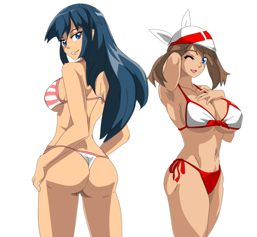 2girls alluring armpits ass big_breasts bikini blue_eyes blue_hair brown_hair dawn_(pokemon) fallere825 may_(pokemon) may_(pokemon_emerald) pin_up pokemon pokemon_(anime) pokemon_dppt pokemon_rse posing striped_bikini white_background