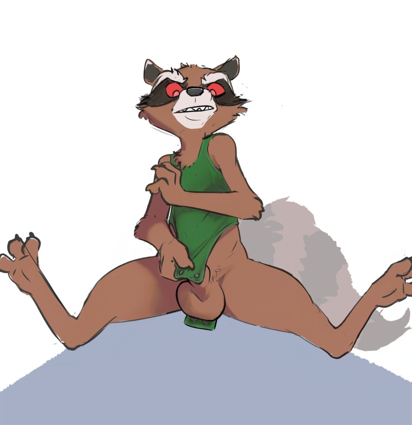 1boy angry anthro balls bottomless brown_body brown_fur clothed clothing covering covering_self fur genitals guardians_of_the_galaxy hi_res looking_down male male_only mammal marvel mindkog procyonid raccoon red_eyes rocket_raccoon shirt simple_background solo tank_top topwear white_background