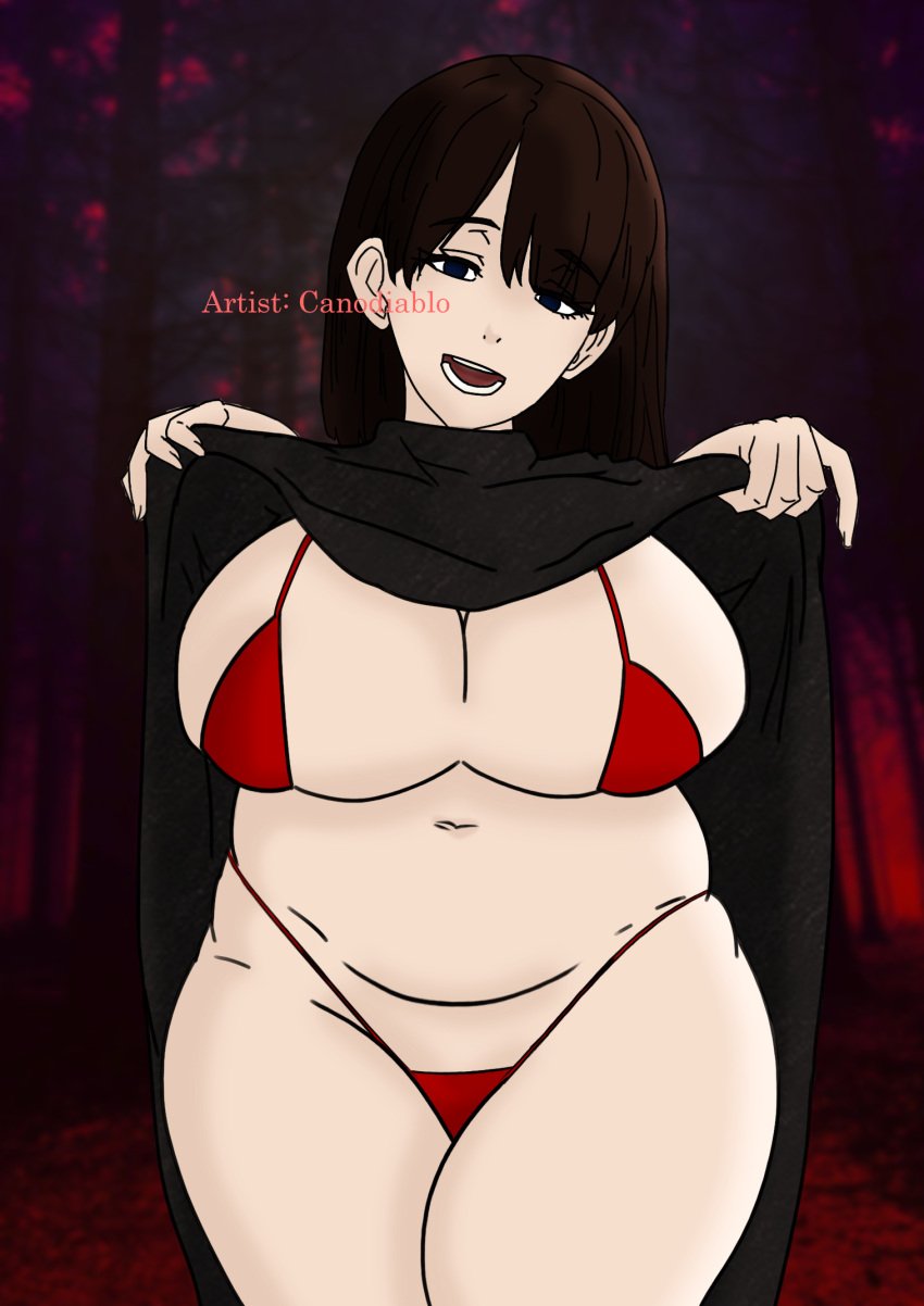 big_breasts black_clothing blue_eyes blurry blurry_background chubby chubby_female cleavage dark_hair flashing flashing_breasts hands large_breasts navel nightmare_waifu open_mouth personification red_bikini red_bikini_bottom red_bikini_top self_upload shittyartz simple_shading slightly_chubby the_plague thick_ass thick_thighs watermark