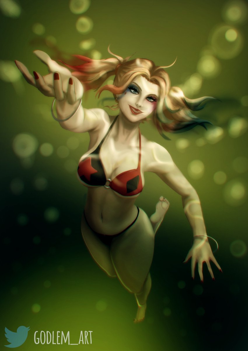 arm_up armpits bikini blonde_hair dc dc_comics godlem harley_quinn highlights_(coloring) pale_skin twintails underwater