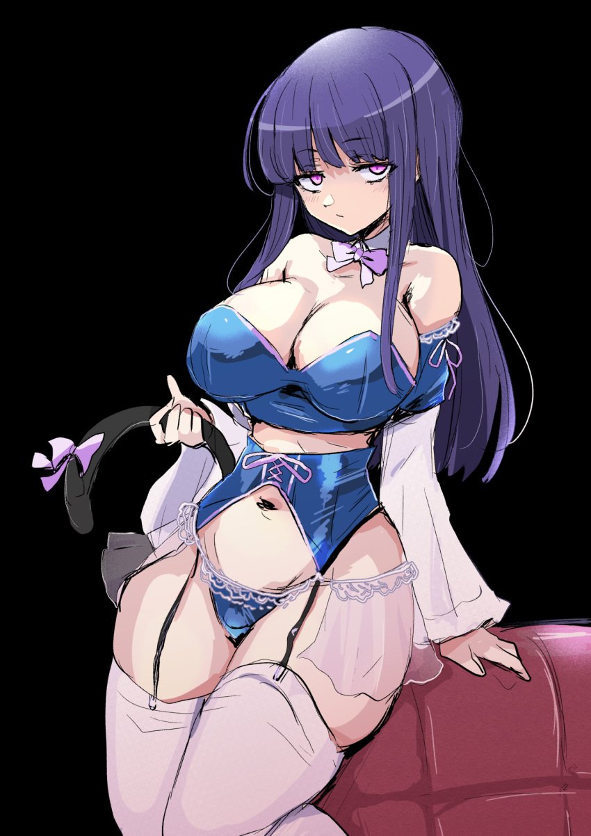 07th_expansion 1girls bangs bare_shoulders belly belly_button big_breasts black_background bored bored_expression bowtie bowtie_collar breasts busty cat_tail child_bearing_hips choker collar couch curvaceous curves curvy curvy_body curvy_female curvy_figure emotionless female female_only frederica_bernkastel hips hourglass_figure huge_breasts large_breasts lingerie lolita_fashion long28 pink_eyes purple_hair shoulders stockings tail thick thick_thighs thigh_highs thighhighs thighs tummy umineko_no_naku_koro_ni underwear violet_hair wide_hips