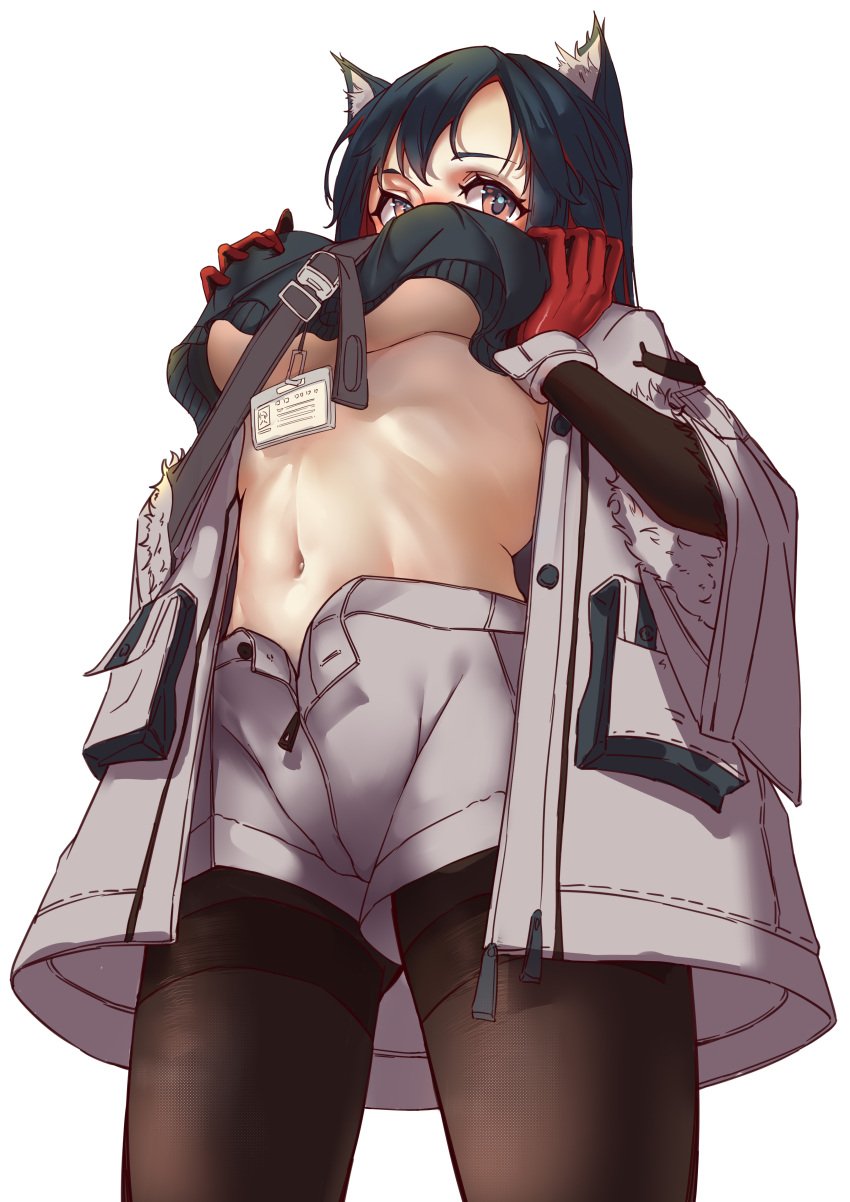 1girls animal_ear_fluff animal_ears arknights belly big_breasts black_hair blush breasts brown_eyes coat face fur-trimmed_coat fur-trimmed_sleeves fur_trim gloves grabbing_own_breasts id_card jacket large_breasts light-skinned_female light_skin long_hair long_sleeves multicolored_hair navel nekosama13 official_alternate_costume red_gloves red_hair shorts solo solo_female squished_breasts stomach tagme texas_(arknights) texas_(winter_messenger)_(arknights) thighband_pantyhose tights two_tone_hair underboob unzipped_shorts upshorts viewed_from_below white_coat winter_clothes winter_coat wolf_ears wolf_girl