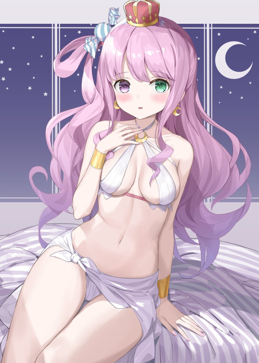 1girls artist_request at_night belly belly_button blush blushing_at_viewer bracelet breasts candy_hair_ornament crown cute cute_face earrings exposed_legs exposed_shoulders feet_out_of_frame food_themed_hair_ornament golden_bracelet golden_earrings golden_necklace gradient_hair green_eyes hand_on_bed hand_on_chest heterochromia high_resolution highres himemori_luna holoforce hololive hololive_japan inner_sideboob legs_out_of_frame light-blue_hair light-skinned_female light_skin long_hair necklace night no_sex on_bed pareo pink_eyes pink_hair posing princess side_boob sitting_on_bed solo solo_female streamer swimsuit virtual_youtuber white_swimsuit window young_woman youtuber